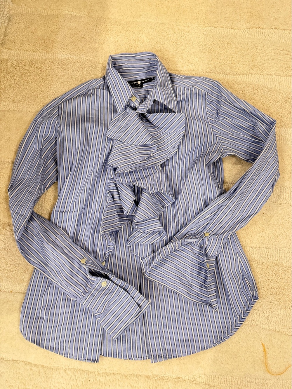 Ralph Lauren Blue and White Striped Ruffle-Front Button-Down Shirt